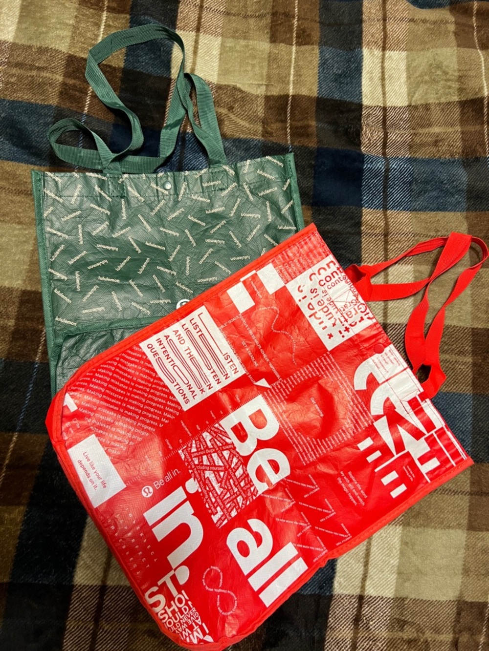 2 Lululemon athletica Red and Green Reusable Shopping Tote Bags
